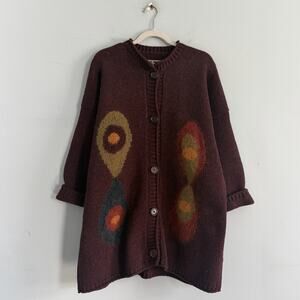 Vintage Su-Zen Wool Cardigan Red Purple Artsy Colorful Geometric Sweater M/L